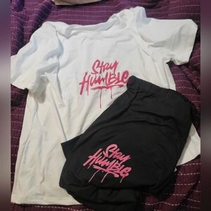 White shirt and Black Pants 'Stay Humble' T-Shirt and Pants Lounge Set Sz XL NEW